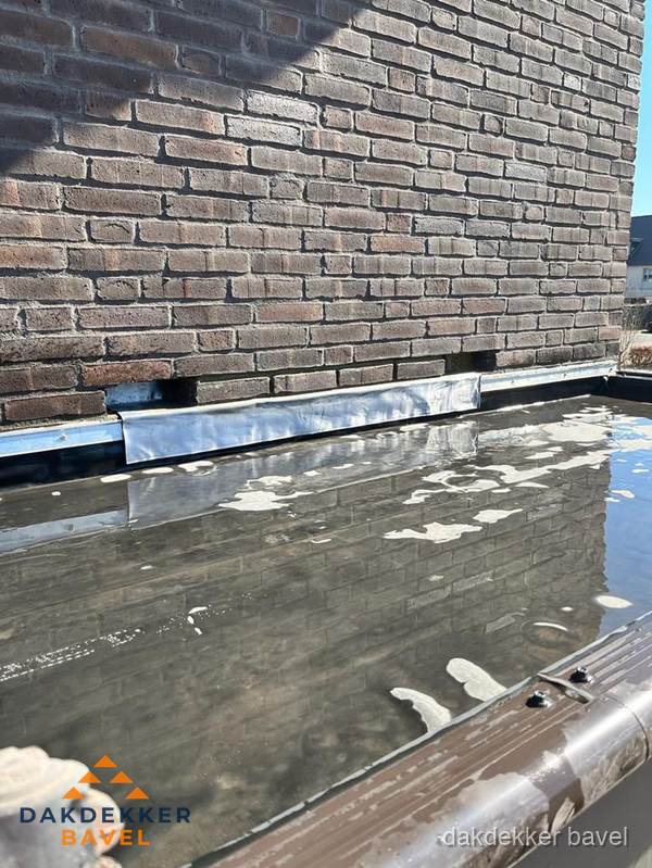 Stilstaand water op plat dak door slechte afwatering in Bavel