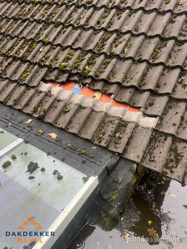 Beschadigd pannendak met ontbrekende dakpannen voor reparatie in Bavel